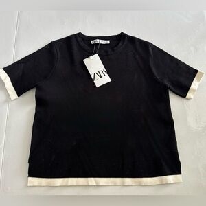 🆕 ZARA ✨ sweater knit tee tipped contrast black ivory  boxy | Sz S